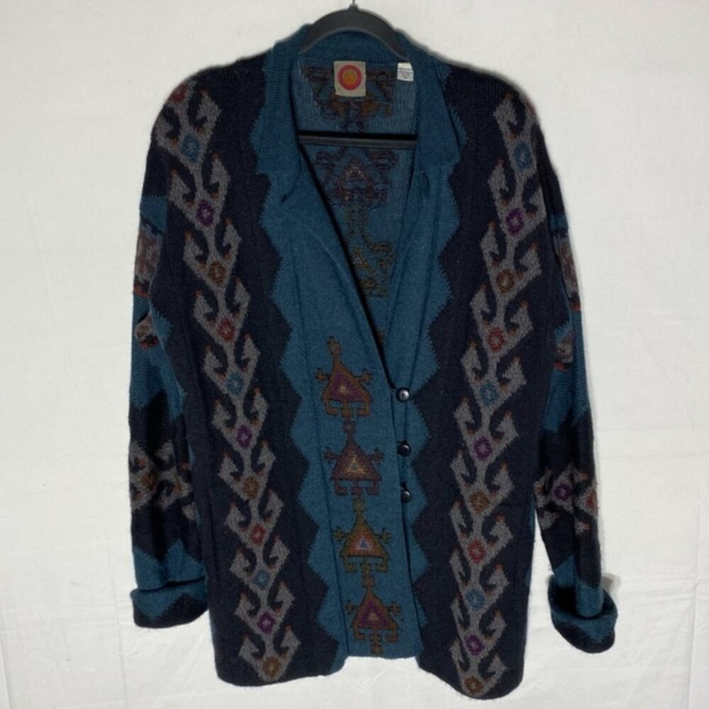 Vintage Millma Bolivia Teal Black Purple Hand Loomed Alpaca Oversized Cardigan M